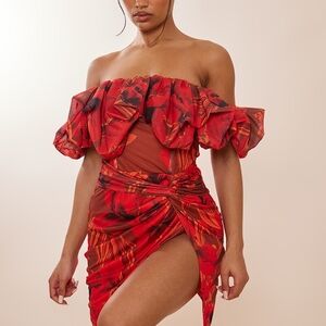 Off-Shoulder Red Floral Dress